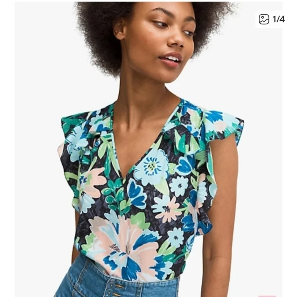 Kate Spade Floral Water Color Ruffle Sleeve Tank Womens Size Small New